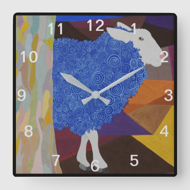 Blue Wool Sheep - Grey Numbers Square Wall Clock (Front)