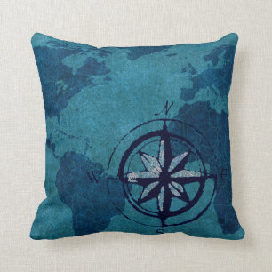 Blue World Map Decor Pillow