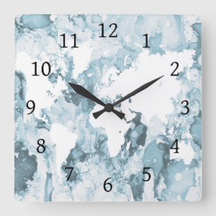 Blue World Map Design 103 Square Wall Clock