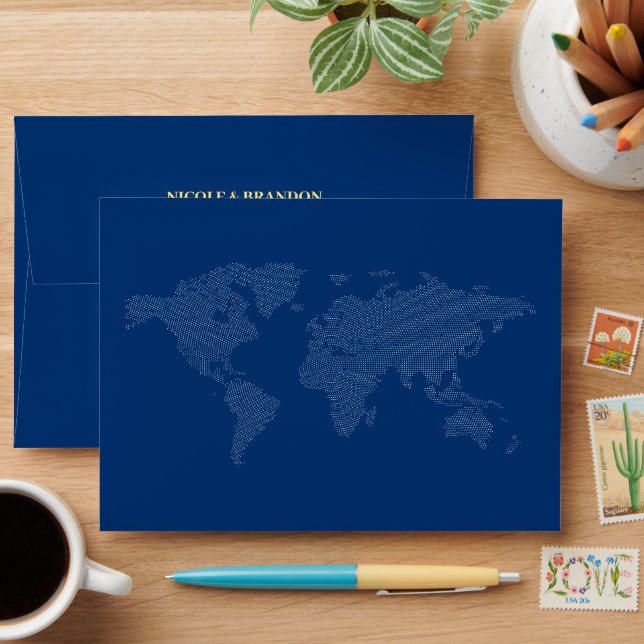 Blue World Map Destination Wedding Envelope (Desk)