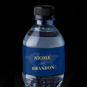 Blue World Map Destination Wedding Water Bottle Label