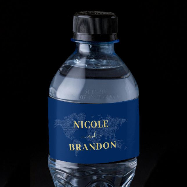Blue World Map Destination Wedding Water Bottle Label (Blue World Map Destination Wedding Water Bottle Label)