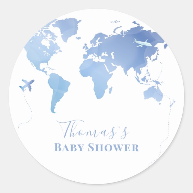 Blue World Map Travel Adventure Baby Shower  Classic Round Sticker (Front)