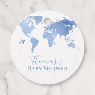 Blue World Map Travel Adventure Baby Shower Favour Tags