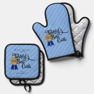 Blue World's Best Cook Award Quilted Look Oven Mitt & Pot Holder Set