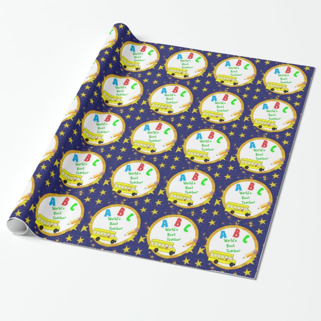 Blue World's Best School Teacher Wrapping Paper (Unrolled)