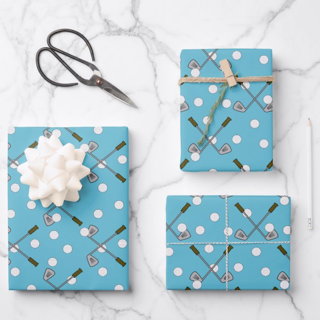 Blue Wrapping Paper with Golf Ball / Club Pattern (Front)