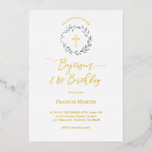 blue wreath Baptism and 1st Birthday Invitation