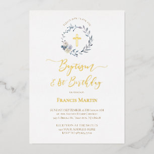 blue wreath Baptism Foil Invitation
