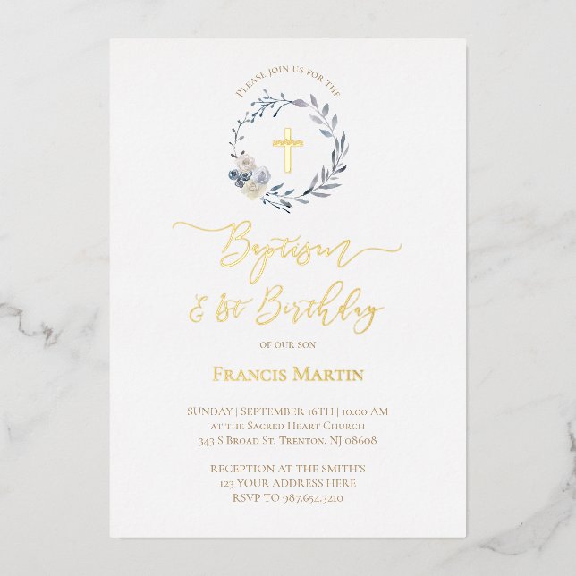  blue wreath  Baptism Foil Invitation (Front)
