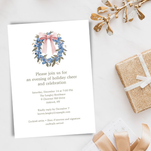 Blue Wreath Bow Elegant Christmas Holiday Party Invitation (Creator Uploaded)
