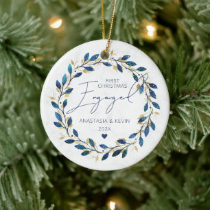 Blue Wreath First Christmas Engaged Ceramic Tree Decoration