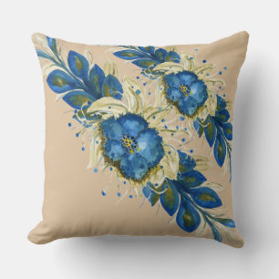 Blue Wreath Floral Watercolor Hand-painted White Cushion