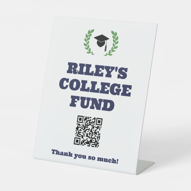 Blue Wreath Graduation Party College Fund QR Code Pedestal Sign (Front)