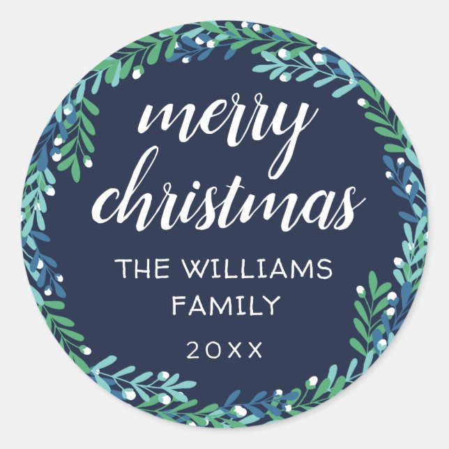Blue Wreath Merry Christmas Classic Round Sticker (Front)