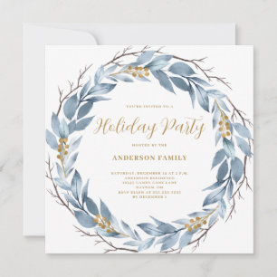 Blue Wreath Rustic Christmas Holiday Party  Invitation