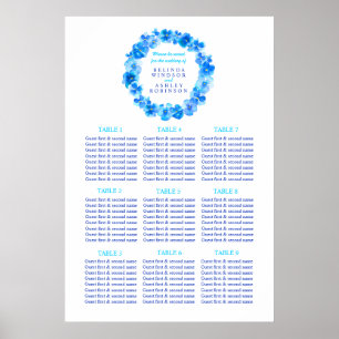 Blue wreath watercolor wedding seating table plan poster