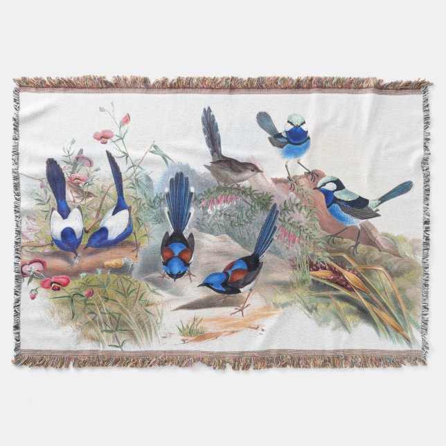 Blue Wren Birds Wildlife Flowers Australia Throw (Front)