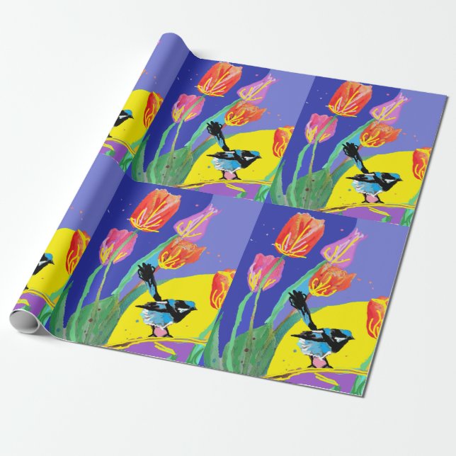 Blue Wren Tulips art flowers Watercolor Wrapping Wrapping Paper (Unrolled)
