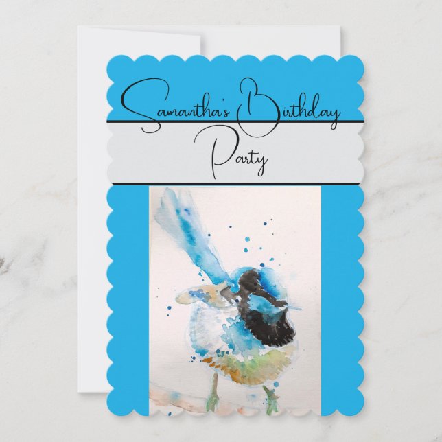 Blue Wren Watercolour Birthday Party Invitation (Front)