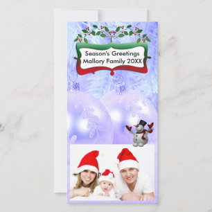 Blue Xmas Balls, Snowman, Trees, Holly Holiday Card