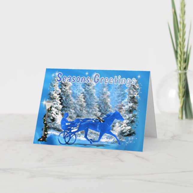 Blue Xmas Harness Horse Holiday Card (Front)