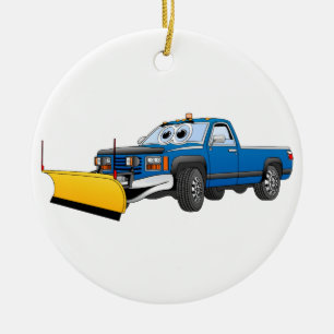 Blue Y Pick Up Snow Plough Cartoon Ceramic Tree Decoration