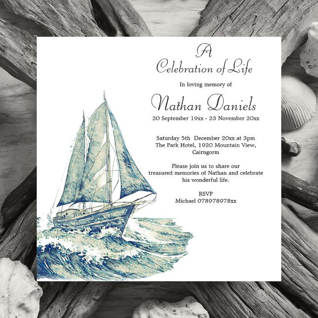 Blue Yacht Funeral Announcement Card (Creator Uploaded)