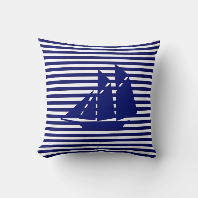 Blue Yacht on Blue White Striped Cushion (Front)