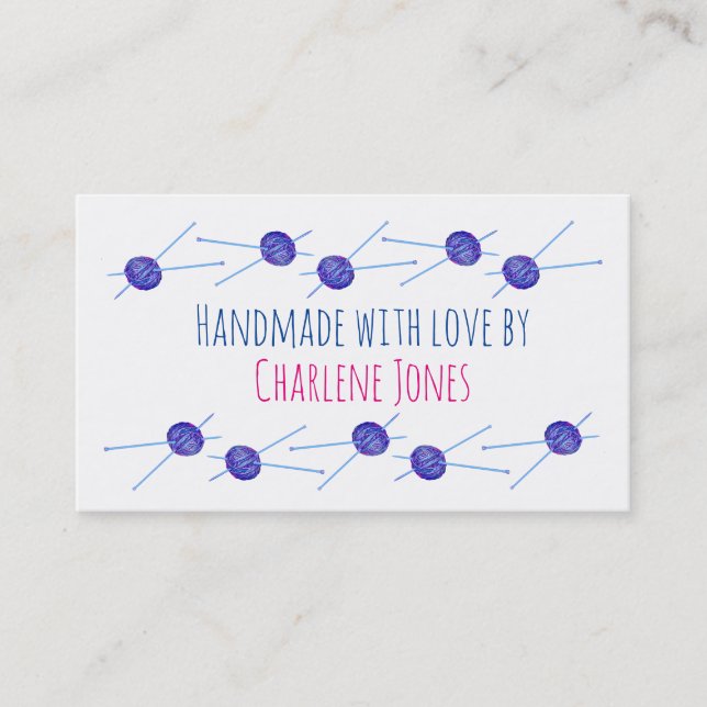 Blue yarn and knitting needles customisable business card (Front)