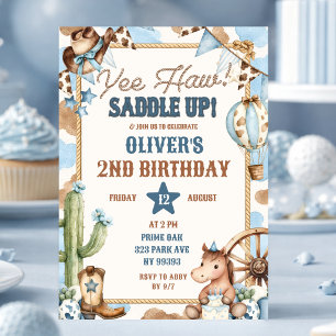 Blue Yee Haw Cowboy Birthday Invitation