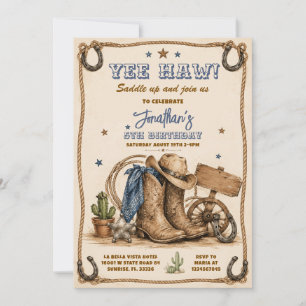Blue Yee haw! Western Cowboy 5th Rodeo Birthday Invitation