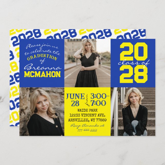Blue & Yellow 3 Photo Graduation Invitation (Front/Back)