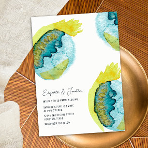 Blue Yellow Abstract Watercolor Art Unique Wedding Invitation