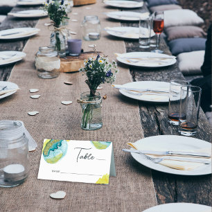 Blue Yellow Abstract Watercolor Art Unique Wedding Place Card