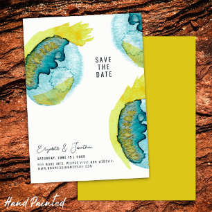 Blue Yellow Abstract Watercolor Art Unique Wedding Save The Date