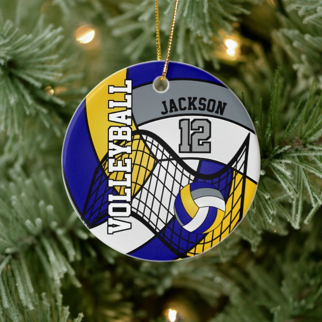 Blue, Yellow and Gray Personalize Volleyball 🏐 Ceramic Tree Decoration (Tree)