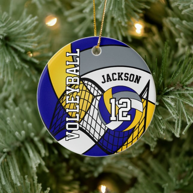 Blue, Yellow and Gray Personalize Volleyball 🏐 Ceramic Tree Decoration (Tree)