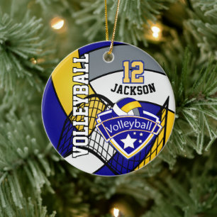Blue, Yellow and Gray Personalize Volleyball Logo Ceramic Tree Decoration