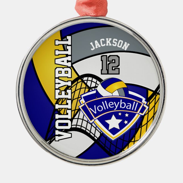 *Blue, Yellow and Grey Personalise Volleyball Logo Metal Tree Decoration (Front)