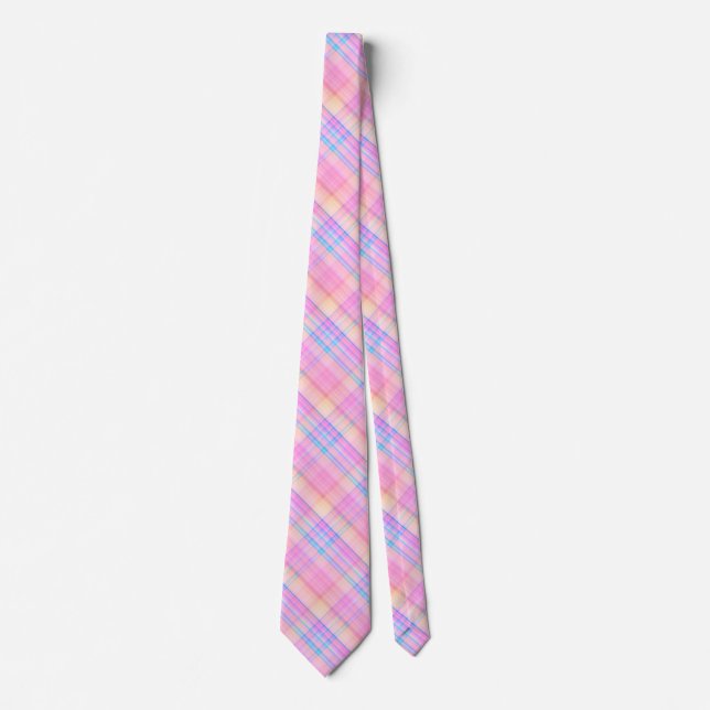 Blue, yellow and pink plaid neck tie (Front)