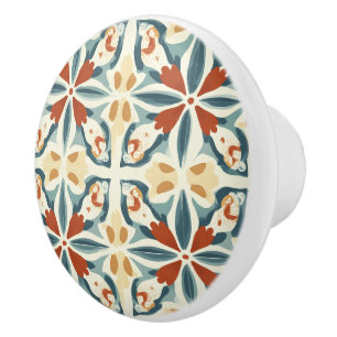 Blue Yellow and Rust Pattern  Ceramic Knob