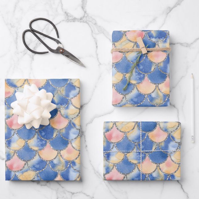 Blue, Yellow and Silver Mermaid Scales  Wrapping Paper Sheet (Front)