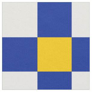 Blue, yellow and white chequerboard pattern fabric