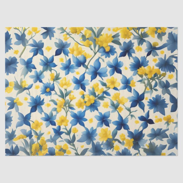 Blue, Yellow, and White Floral decoupage Tissue Paper (Front)