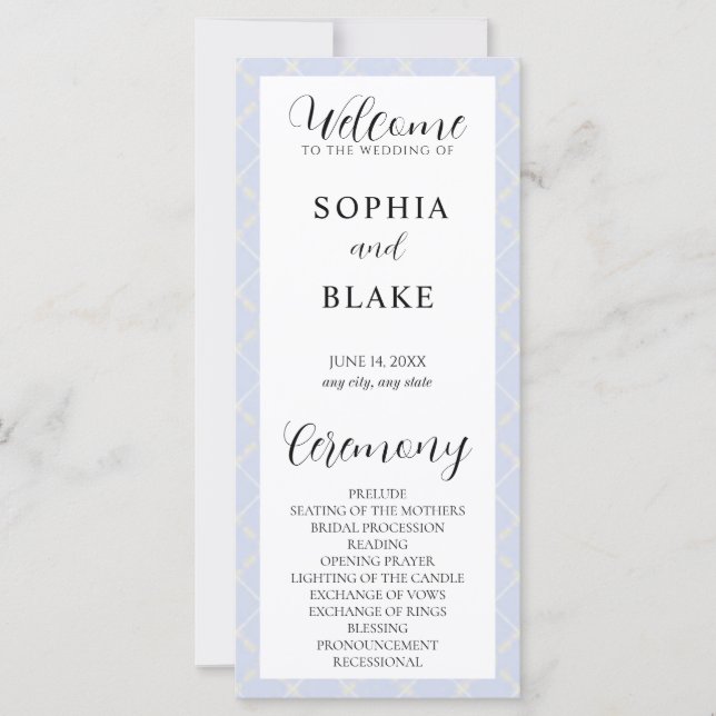 Blue, Yellow and White Plaid Wedding Program (Front)