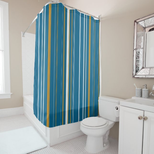 Blue Yellow and White Stripes Shower Curtain (In Situ)
