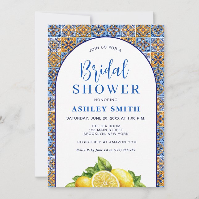 Blue Yellow Arch Lemon Mediterranean Bridal Shower Invitation (Front)