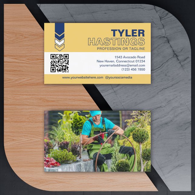 Blue Yellow Arrows QR Code Photo Template Business Card (Creator Uploaded)