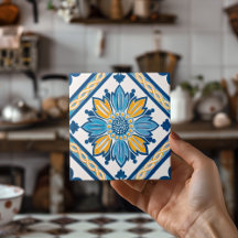 Blue Yellow Azulejo Mediterranean Floral Home Deco